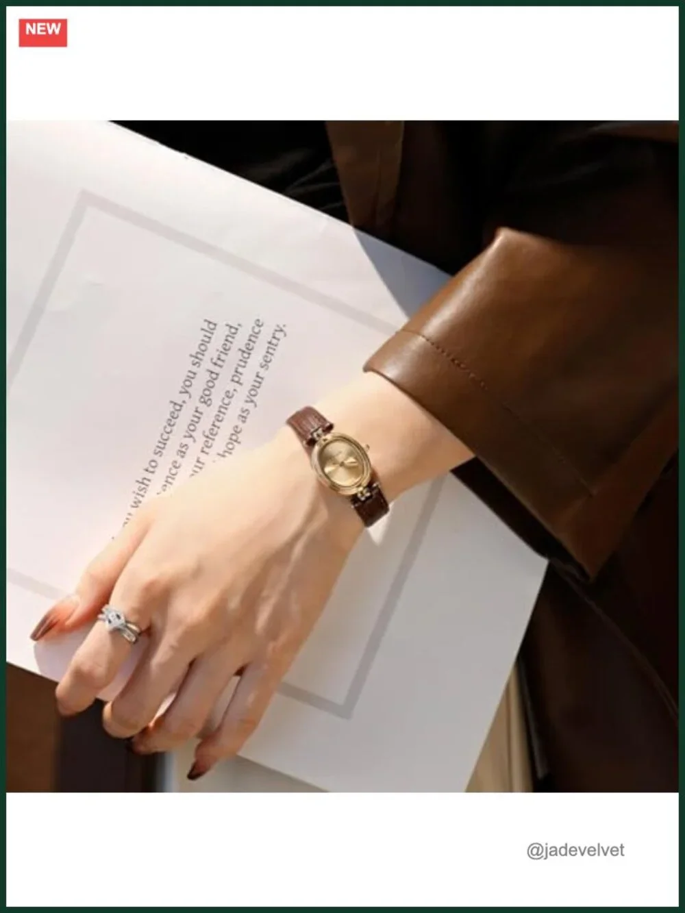 Vintage Gold Oval Quartz Wrist Watch for Women, Genuine Leather Band,
